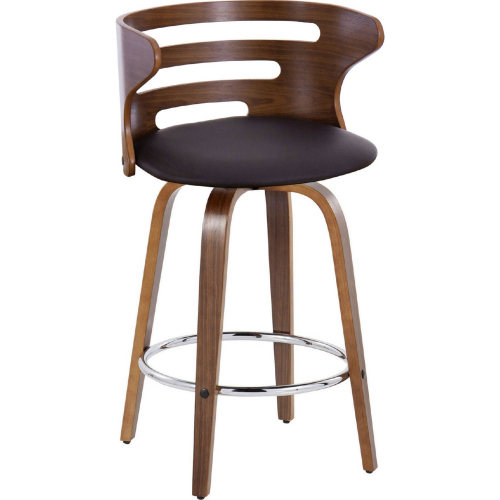 Cosini 26" Swivel Bar Stool in Walnut Wood & Brown Leatherette w/ Chrome Footrest (Set of 2)